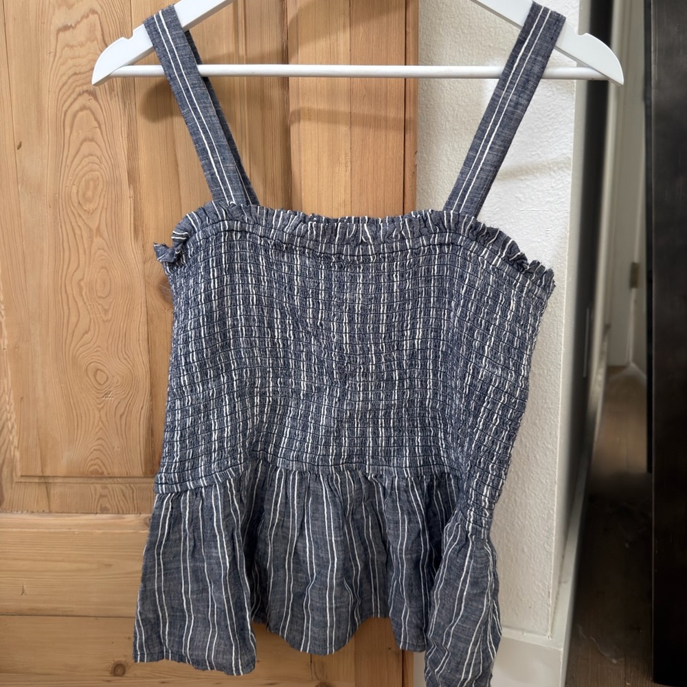 LOFT Navy and White Striped Smocked Peplum Camisole